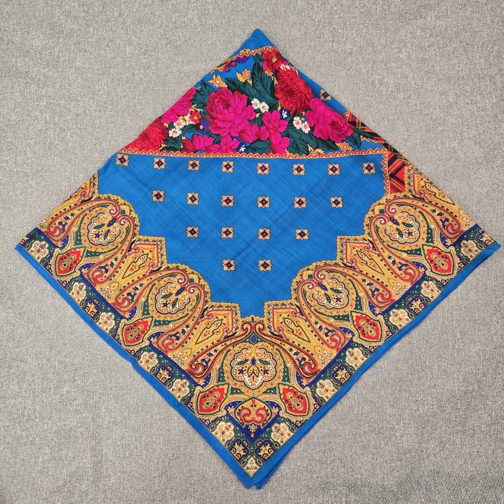 Echo 100% Wool Scarf 34" Square Floral Paisley Plaid Challis Blue Multicolor NWT - Picture 3 of 12